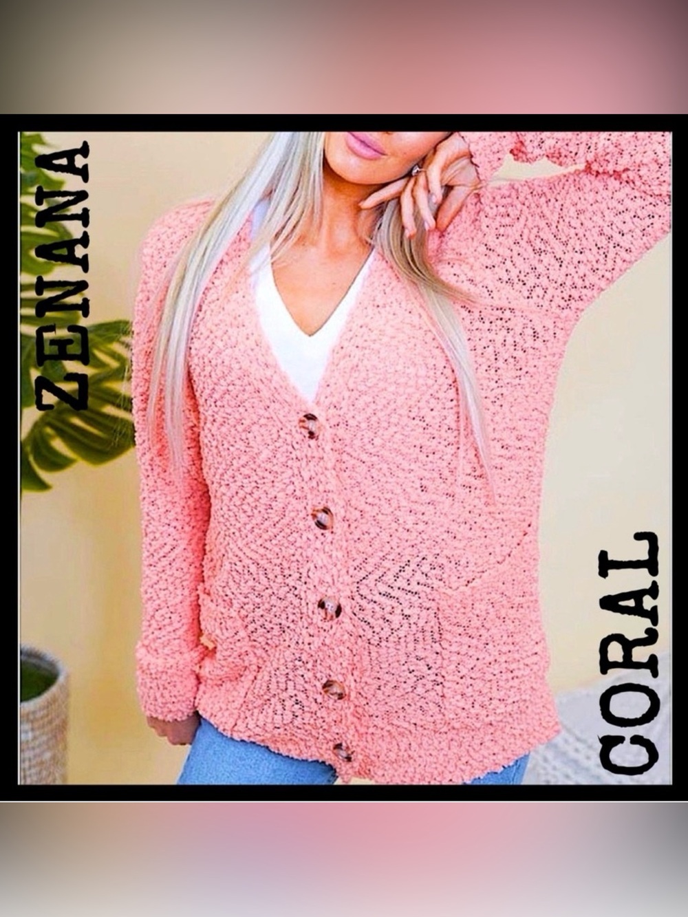 🍒BOGO50%🍒🆕🩷ZENANA: “CORAL” Popcorn Button Down Cardigan w/Pockets MEDIUM